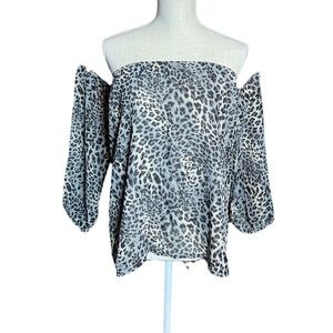 Rachel Kate Leopard Print Off the Shoulder Cold Shoulder Blouse- Gray, Black